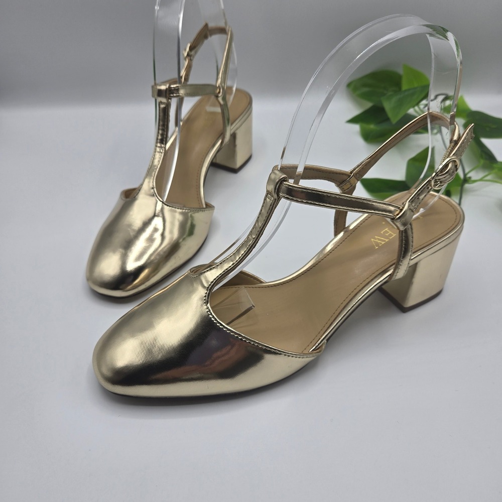 J.Crew Factory T-Strap Pumps Womens Gold Metallic Block Heel CD246 Size 7